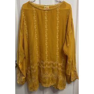 Johnny Was Mustard Yellow Tunic Top Embroidered Georgette Floral Blouse XS-L